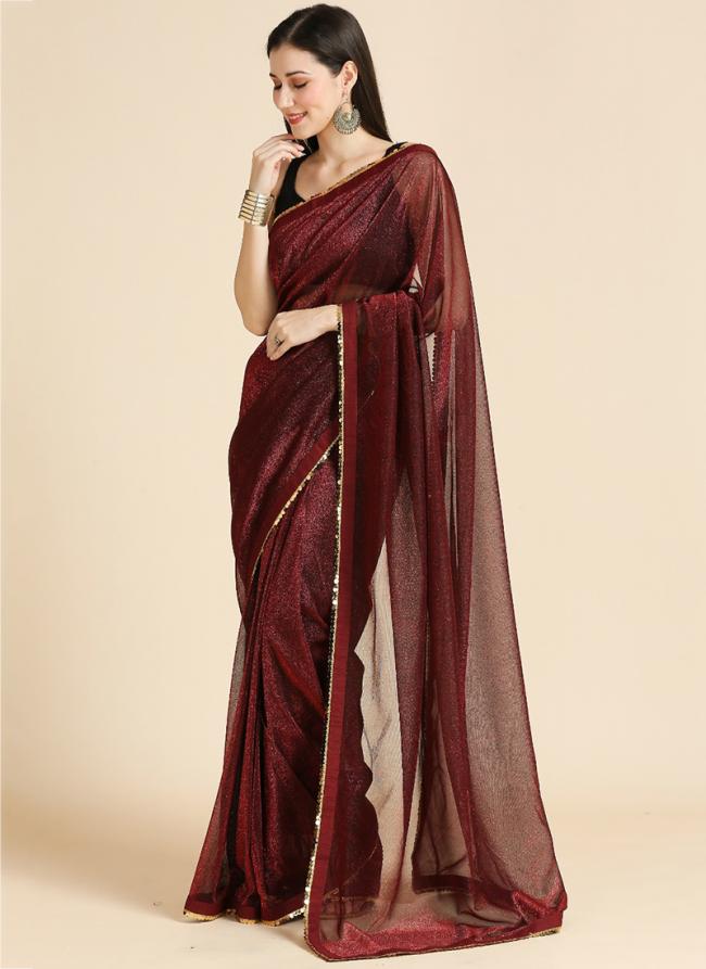 Fancy Maroon Party Wear Lace Work Saree